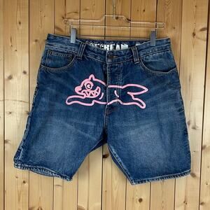 Men's Ice Cream Running Dog Button Fly Jorts/Denim Shorts, Blue Denim - Size 34